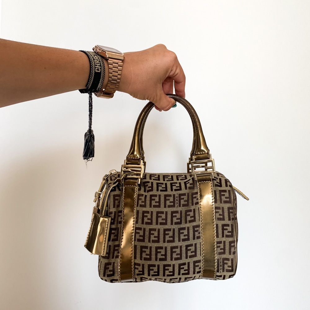 Sold Auth VTG Fendi Zucchino Mini Boston Bag Gold - Picture 4 of 16